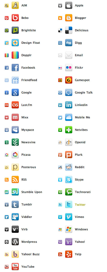 facebook like icon. The icon collection includes: Facebook, Myspace, Twitter, LinkedIn, Flickr, 